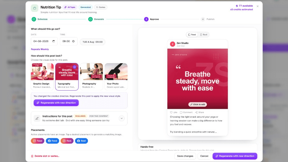 Editor di post con opzioni di stile visivo e un'anteprima dal vivo del post