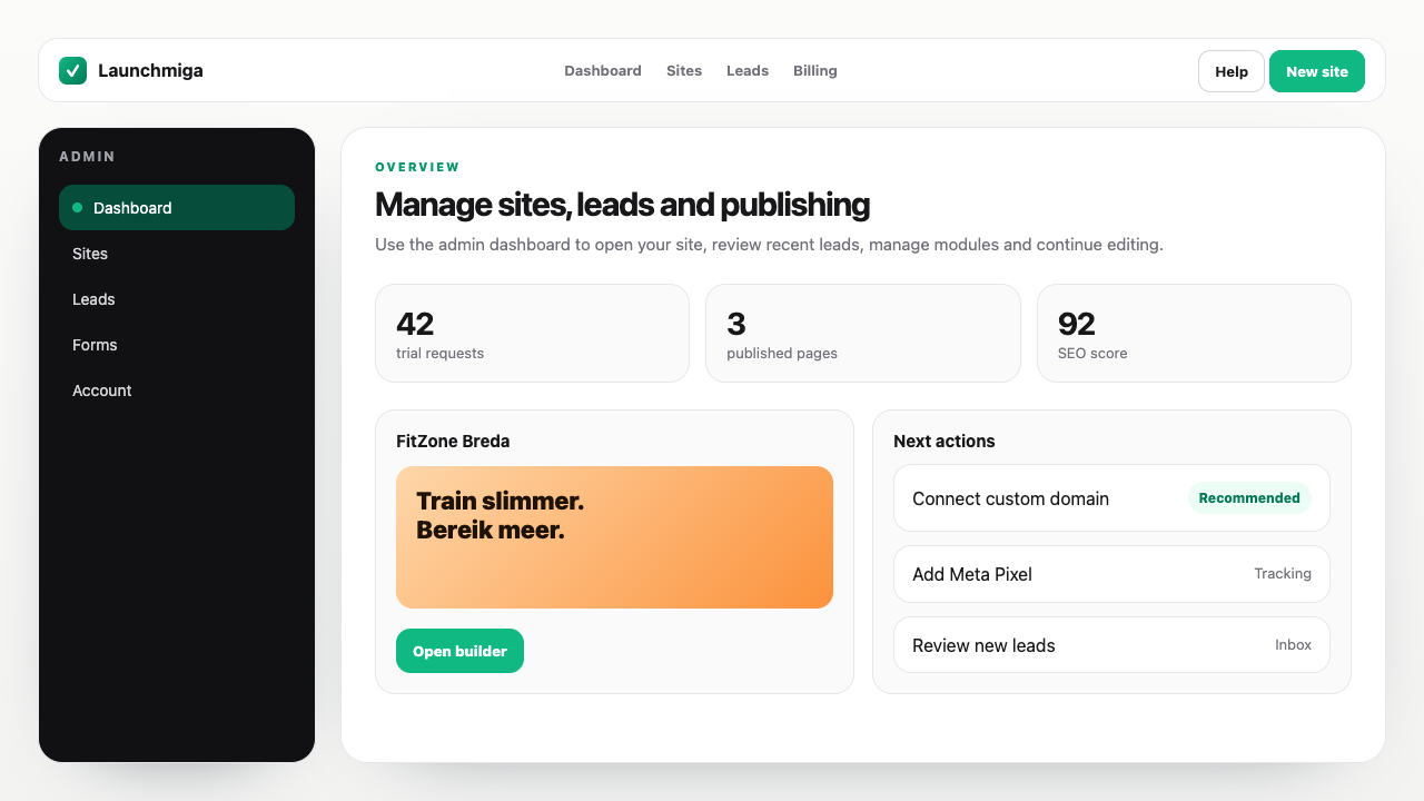 Painel de administração Launchmiga com sites, leads, ações de conta e próximos passos