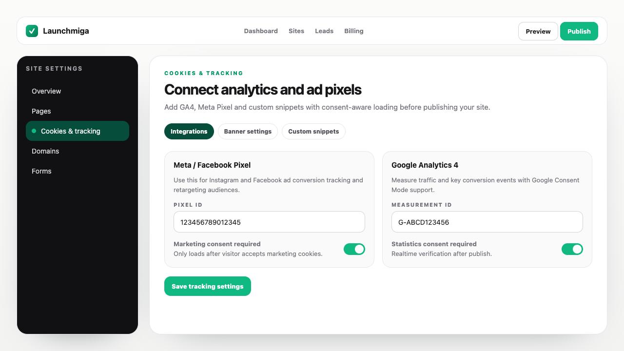Launchmiga Cookies and tracking settings with Meta Pixel and Google Analytics fields