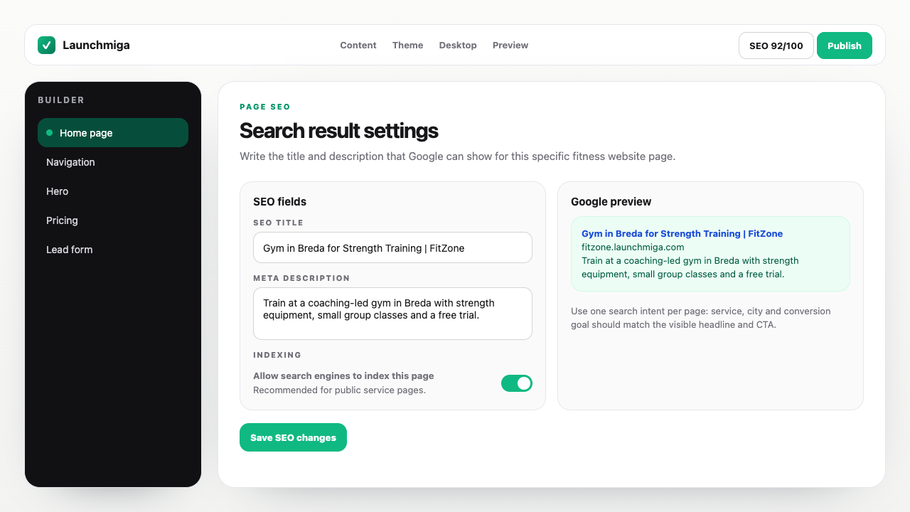 Launchmiga builder Page SEO panel with SEO title, meta description and Google preview