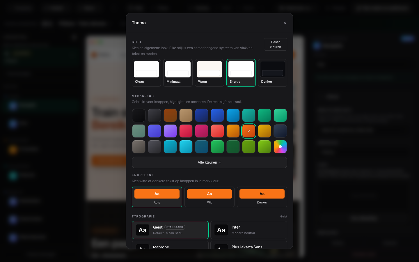Launchmiga Theme panel with colors, typography and favicon settings
