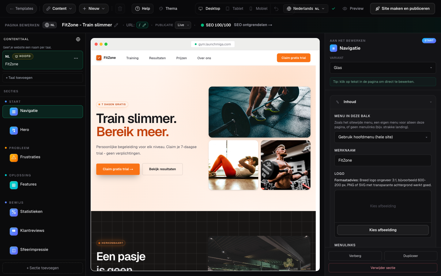 Launchmiga builder workspace with section list, live canvas and editing panel
