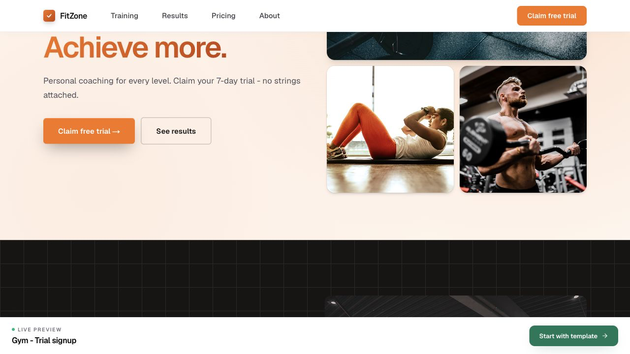 Launchmiga live preview showing how sections appear on a real fitness website