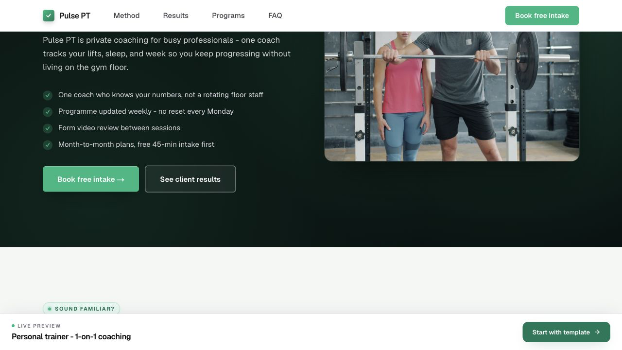 Launchmiga personal trainer live preview with coaching offer and CTA