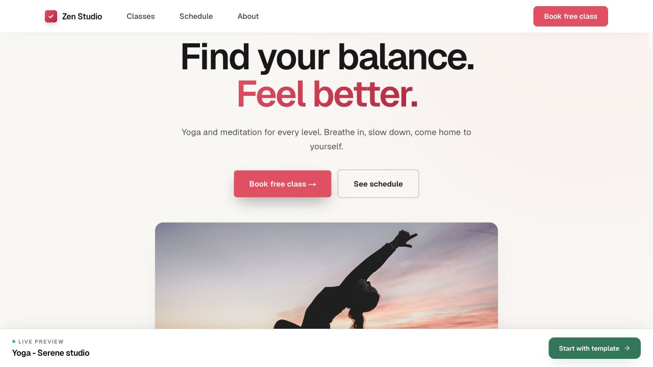 Launchmiga yoga studio template live preview with calm hero image and class CTA